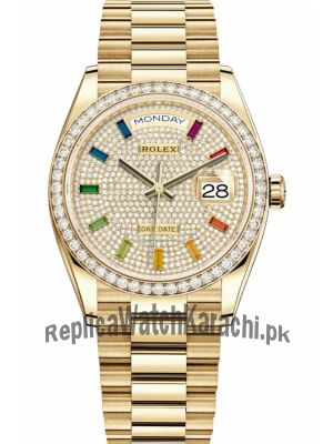 Rolex Day-Date Yellow Gold 128348RBR Pave Rainbow Diamond Dial Watch Price in Pakistan