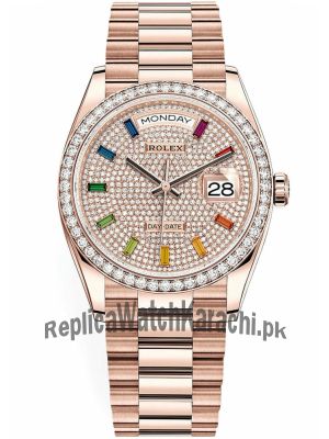 Rolex Day-Date Rainbow Pave Diamond Dial Rose Gold 128345RBR-0042 Watch Price in Pakistan