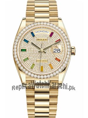 Rolex Day-Date Yellow Gold 128348RBR Pave Rainbow Diamond Dial Watch Price in Pakistan